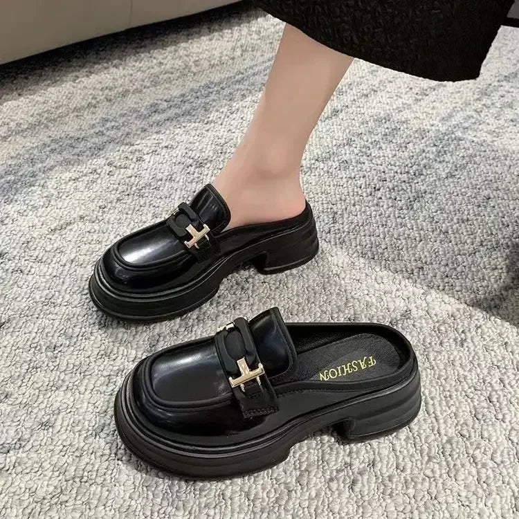 2025 New Shoes French Thick Sole Half Support Loafers Casual Women's Single Shoes British Style Small Leather Shoes