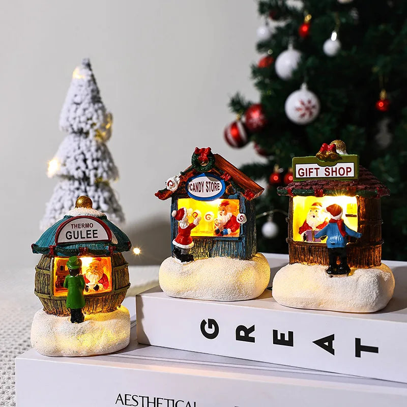 Christmas Decorations Resin Miniature LED Lights Small House Landscape Santa Claus Christmas Figurines Home Table Decor Items