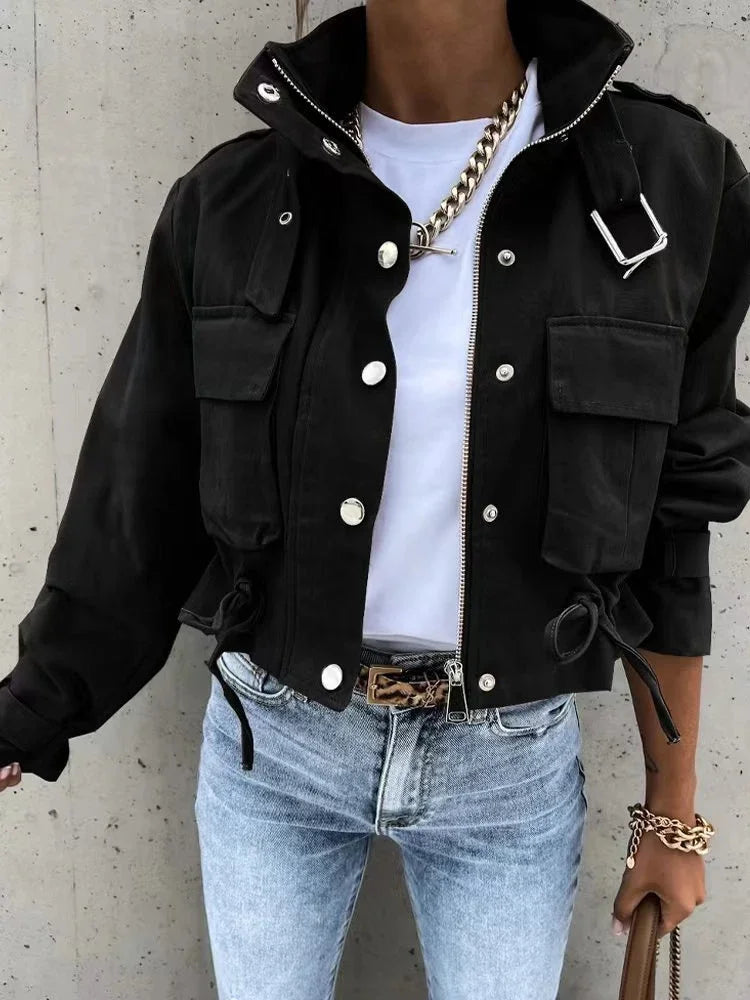 Women's New Short Casual Jacket Ladies' Autumn Rivet High Neck  Fashionable Printed Long Sleeved Single Breasted Jacket