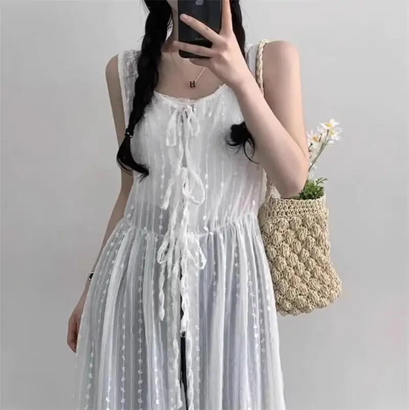 Embroidered Dress for Women in Summer Thin Lace up Layered Vest Long Cover Skirt