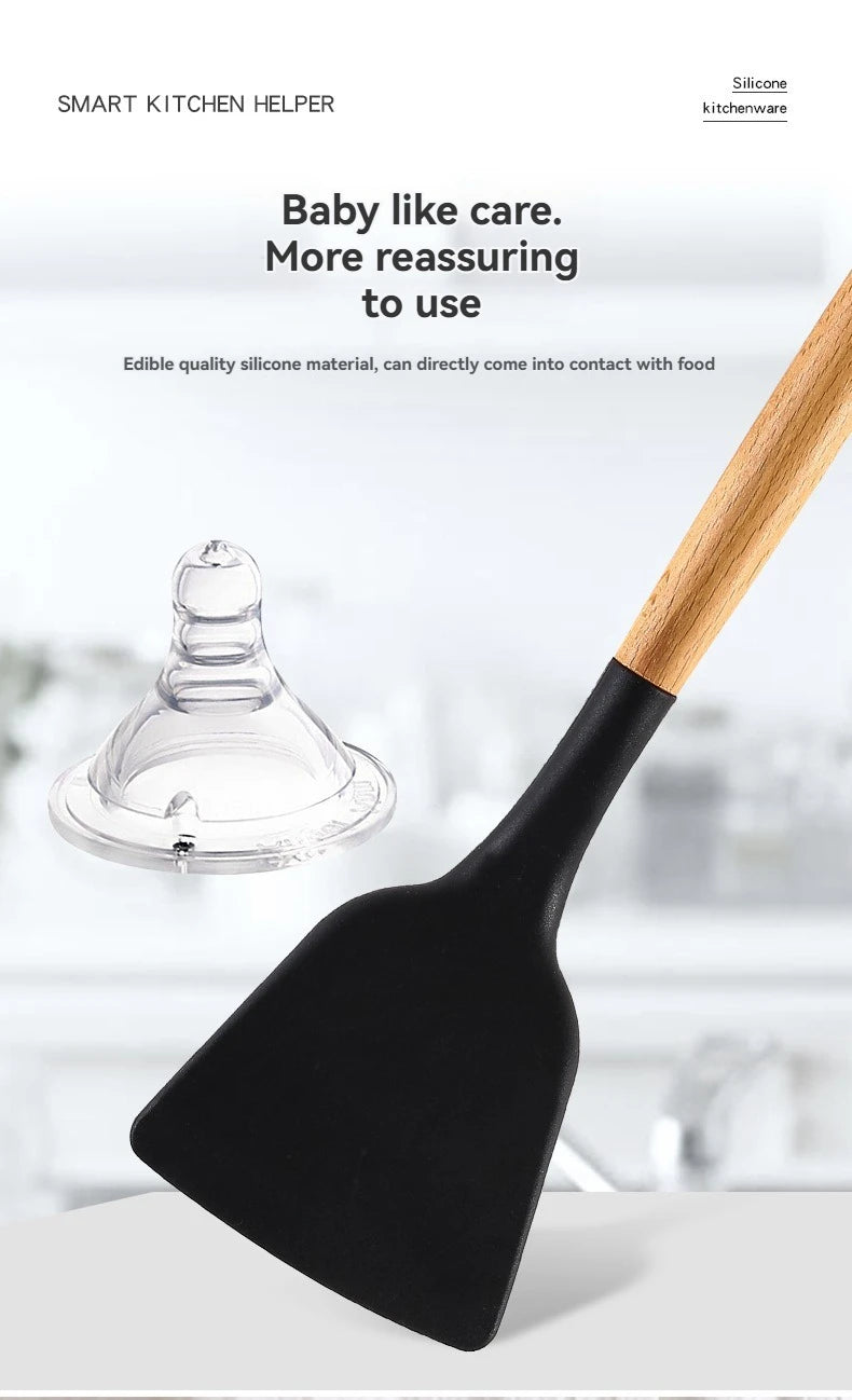 Kitchen utensil set with wooden handles, non-stick pans, food-grade cooking silicone storage set, baking and frying kitchen set