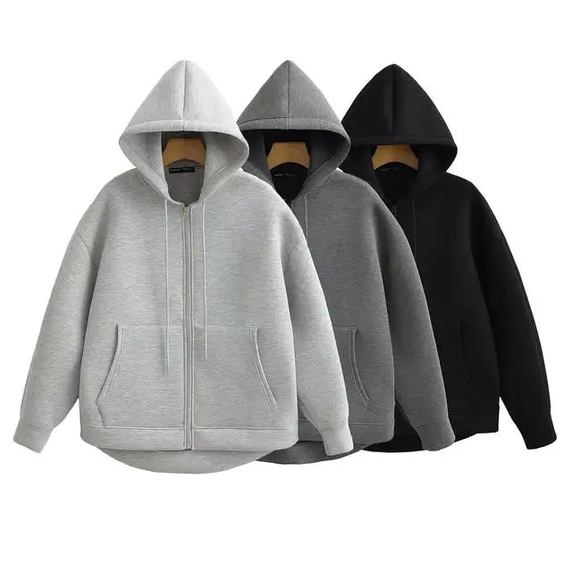2025 Women Gray Jacket With Hood Long Sleeve Big Pocket Zipper Jacket Coat Woman Loose Casual Outerwear Coat Tops