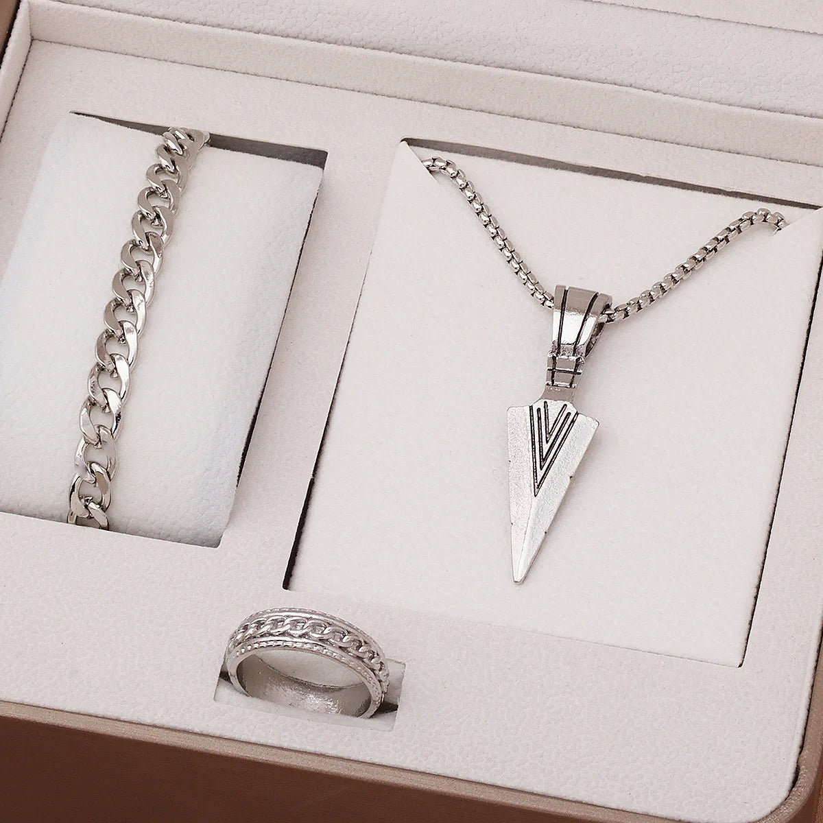 Metal Arrow Pendant Necklace Bracelet Ring for Men Jewelry Set Male Punk Hip Hop Outdoor Travel Parties Daily Wear Accessories