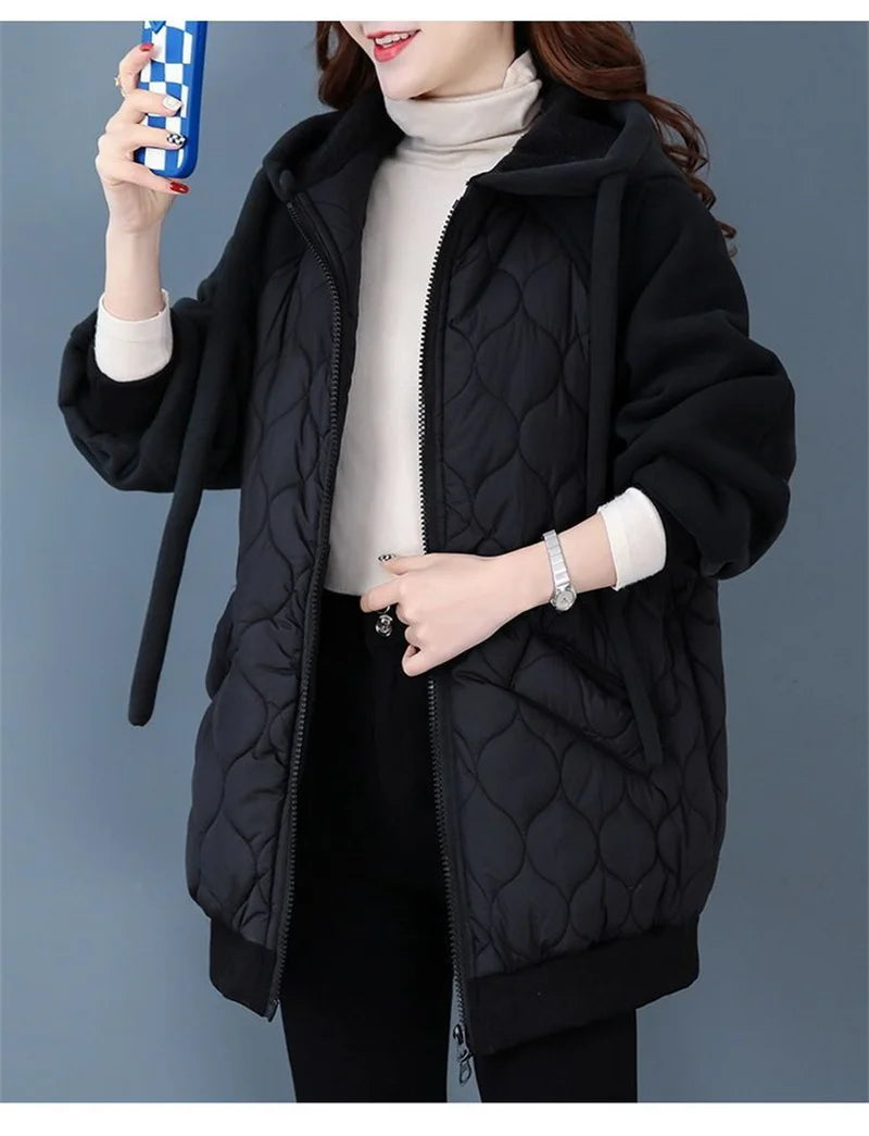 Autumn/Winter Jacket Women Hooded Splice Down Cotton Coat 2023 European Station Large Size Loose Cotton Jacket Female Outerwear