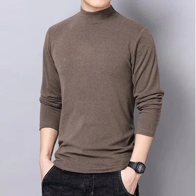 Men's Solid Color Turtleneck T-Shirt For Male Autumn Spring Casual Long Sleeve Basic Bottoming Shirt For Men Slim-Fit Tops