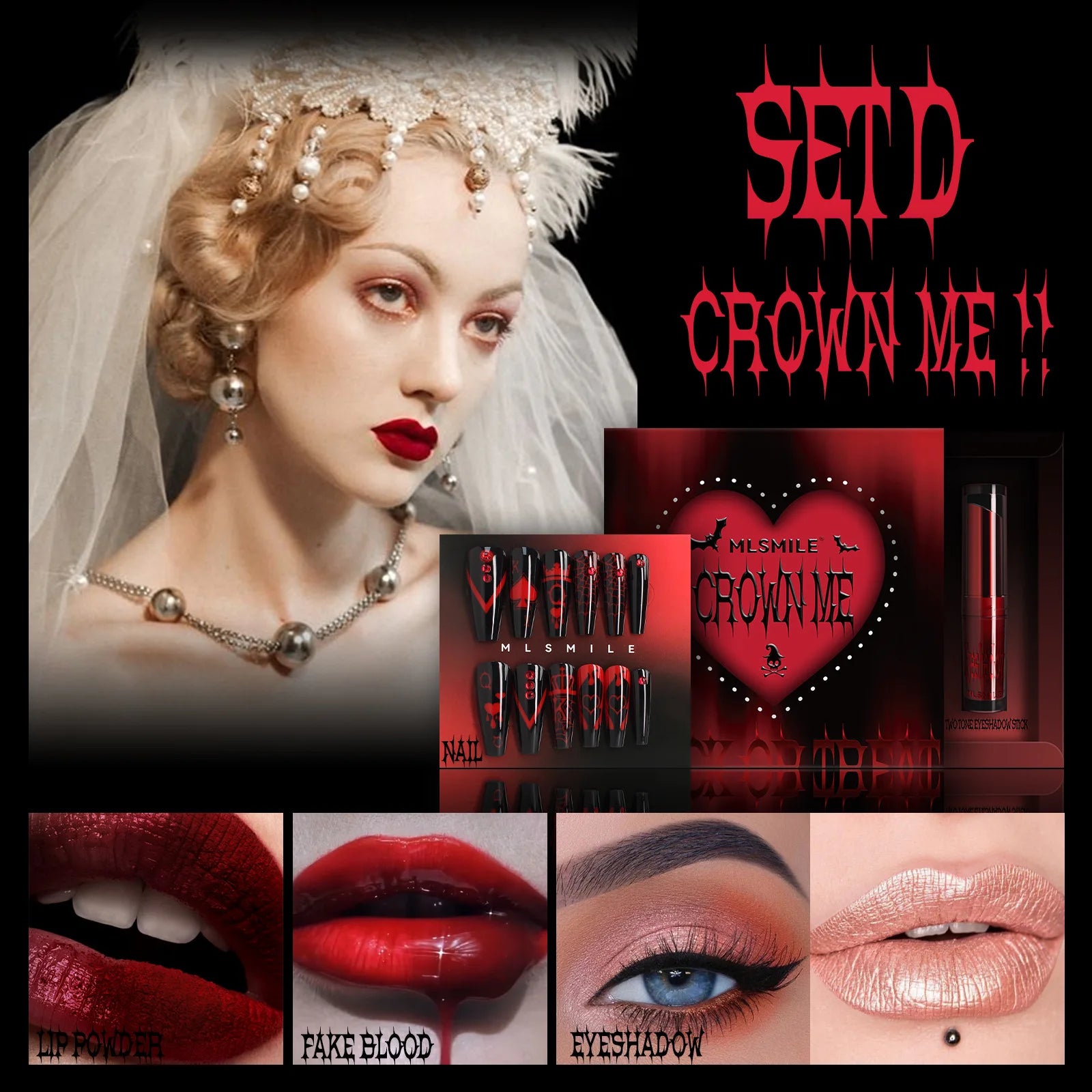 MLSMILE Halloween Makeup Set Eyeshadow Glitter Lip Glaze Fake Blood Wearing Armor 4pcs/set Festive Set Trick or Treat Cosmetics