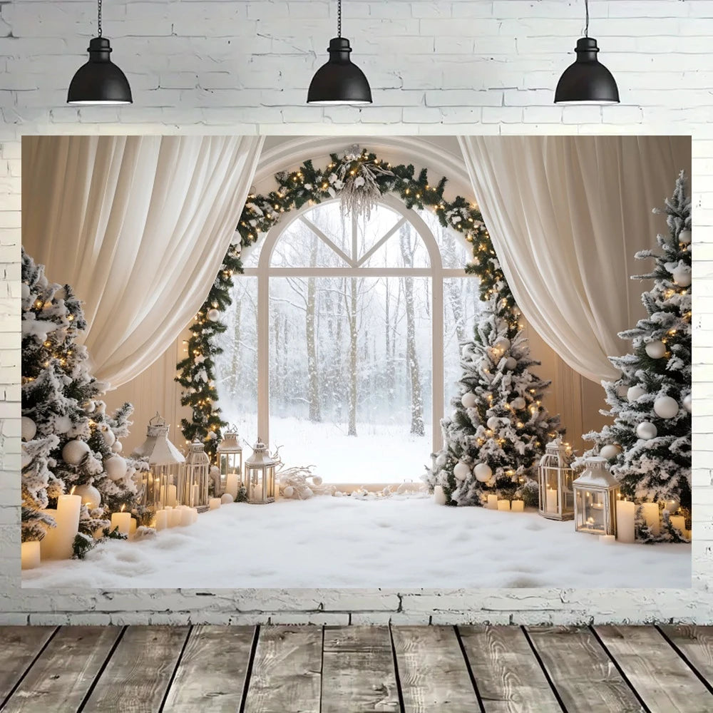 Christmas Decorations Backgrounds for Photographs White Curtain Window Xmas Tree Indoor Decor Family Portrait Photo Backdrops
