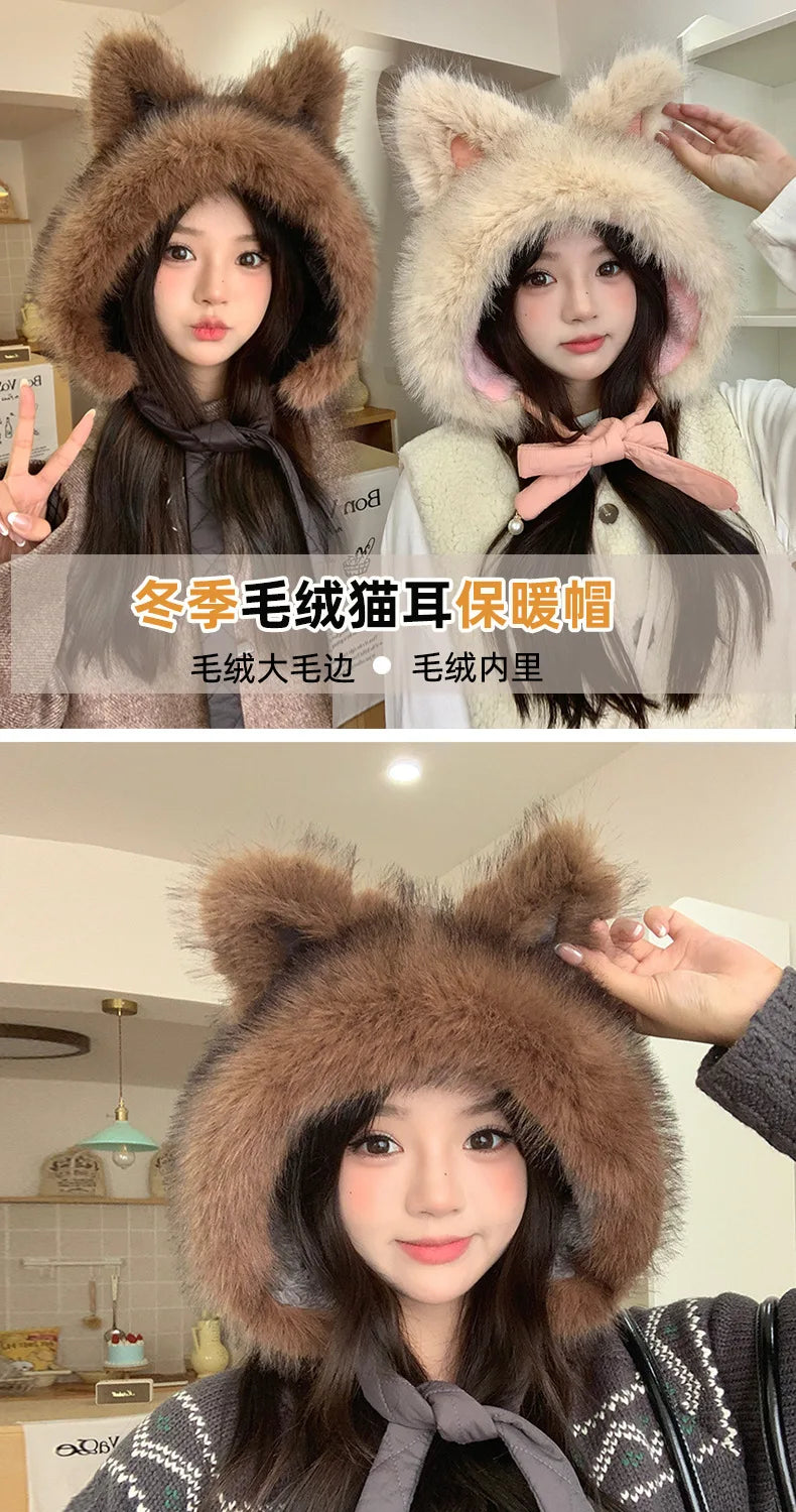 Winter Hat Thicken Ski Beanie Hat for Women Balaclava Spicy Girl Style Cat Girlfriend Hat Outdoor  Warm Protection Accessories