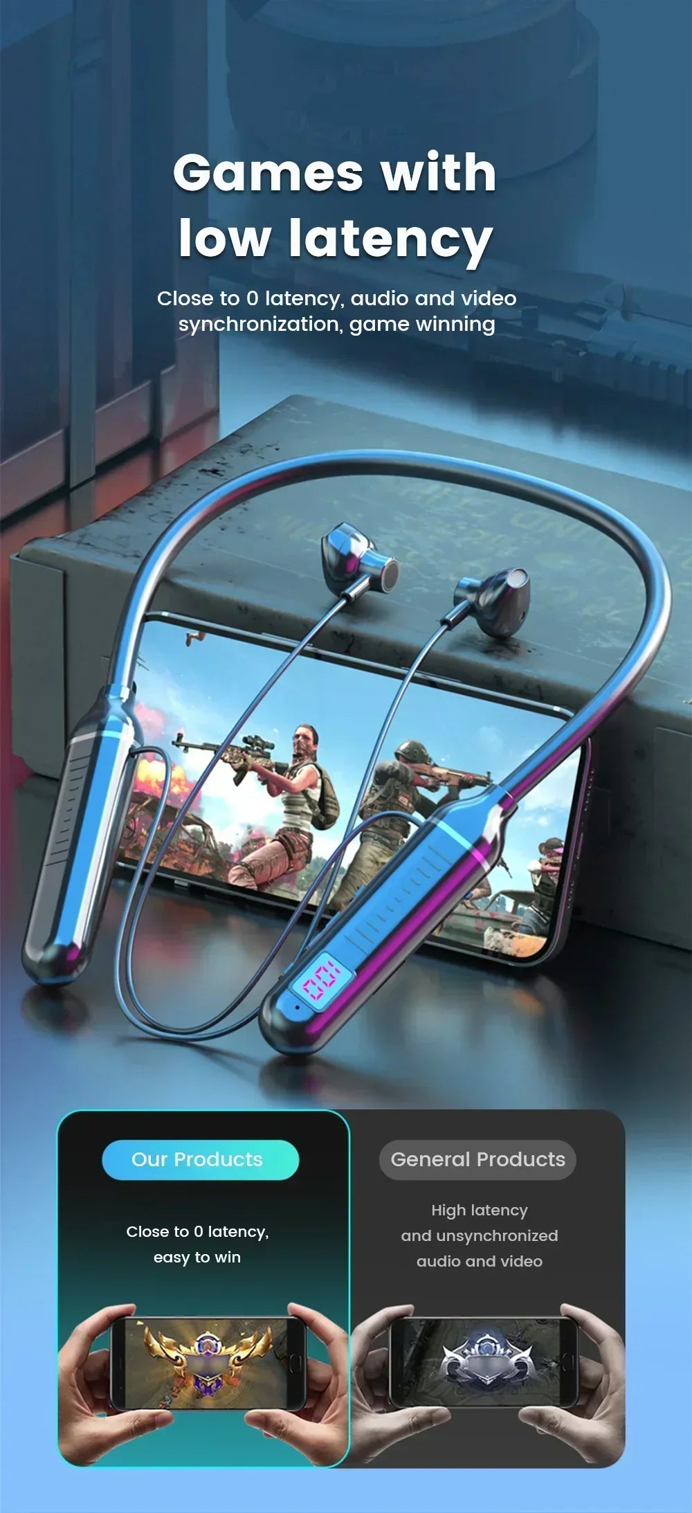 Wireless Bluetooth Earphones Neckband Headphones Gaming Stereo Sports Headset Halter Waterproof Magnetic Earbud with LED Display