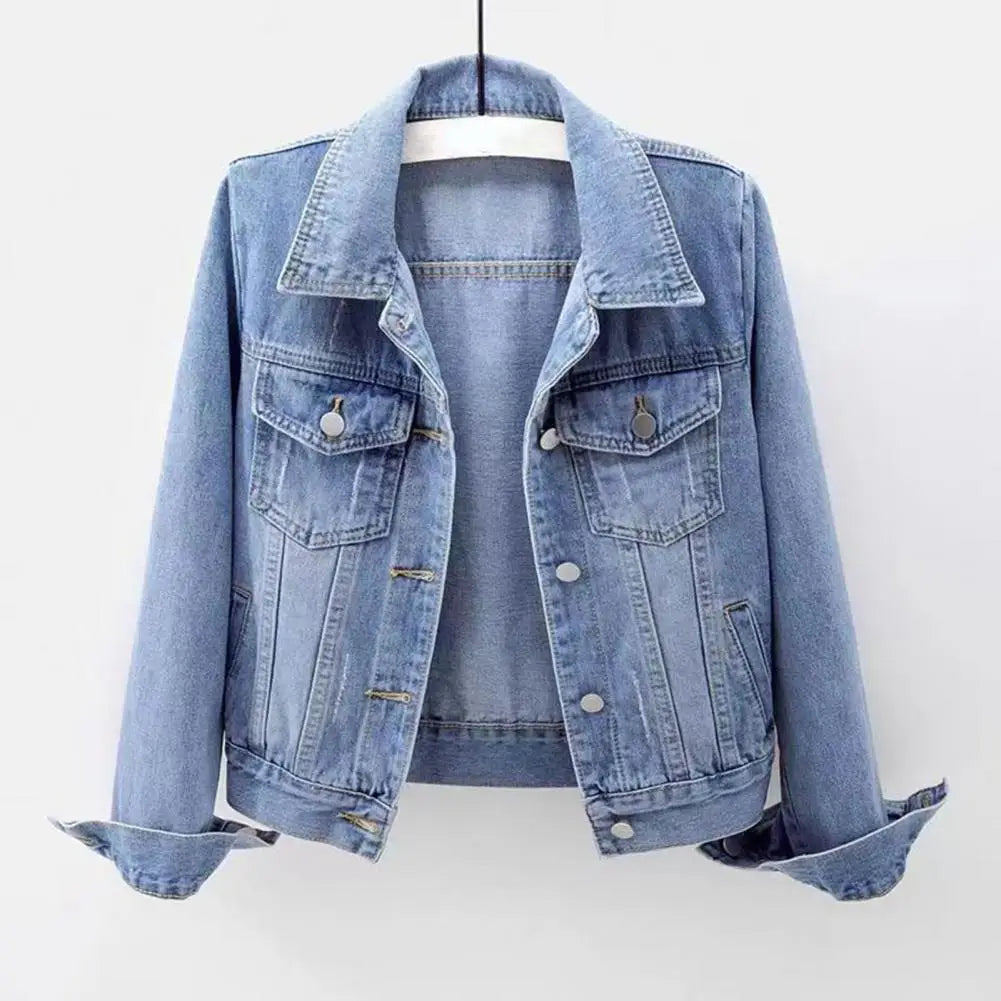 Women Denim Jacket Single-breasted Chest Flap Pocket Jacket Long Sleeve Slim Short Coat Retro Ladies Denim Jackets Outerwear
