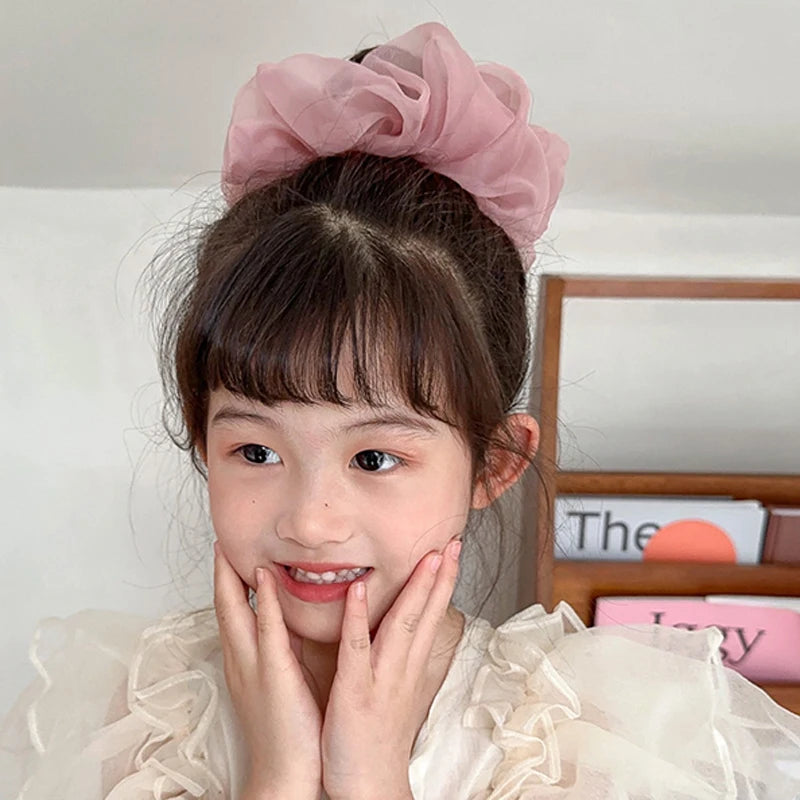 New Woman Large Solid Color Chiffon Scrunchies Elegant Women Mesh Rubber Band Black Beige Pink Ponytail Holders Hair Accessories