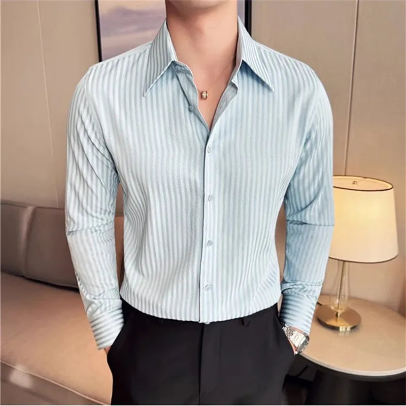High Quality Men's Shirts Long Sleeve Striped Smart Casual Shirts Men Fashion Turn Down Collar Slim Fit Formal Office Shirt Tops