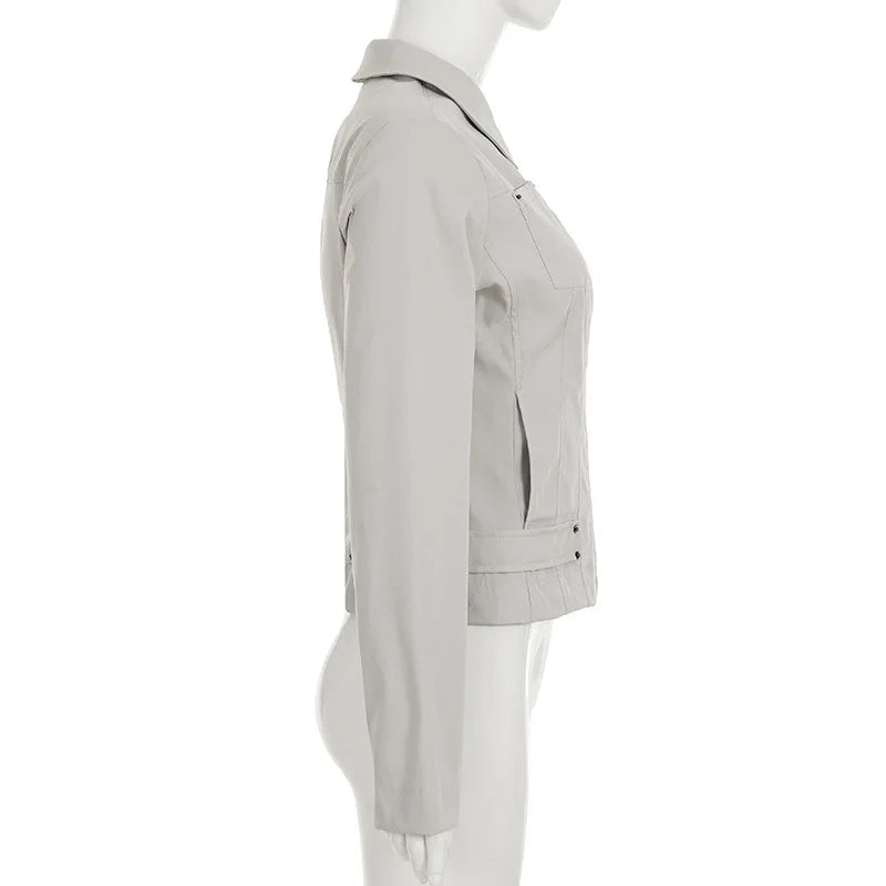 Women Jacket Pocketd Long Sleeve dCasual Zipper Coats Slim Fit Turn Down Collar Solid Outwear Elegant Lady Autumn