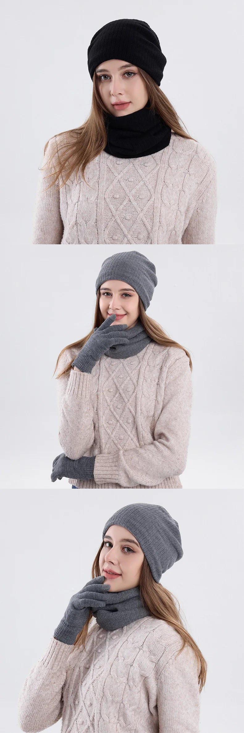 Winter hat, scarf, gloves, three piece set, men's and women's outdoor cold resistant scarf, ear protection, knitted hat