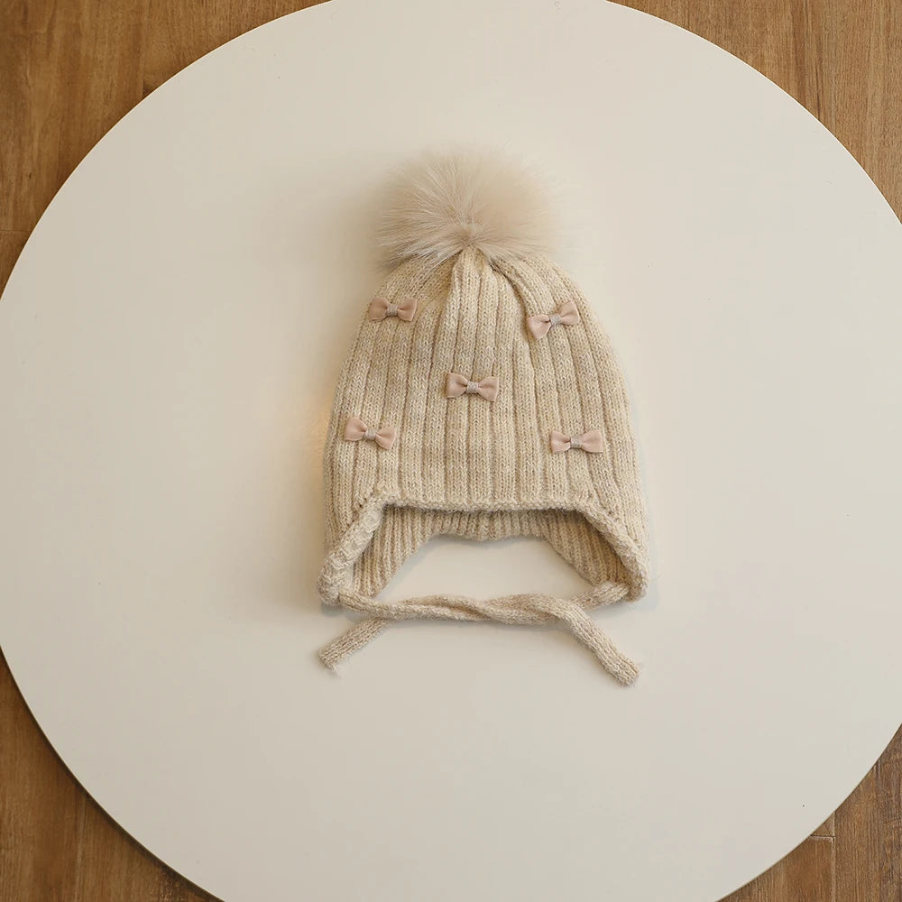 Winter Baby Girls Hat Double-Layer Cute Bows Knitted Hats Ear Protection Warm Beanie Big Pompom Kids Accessories 2-6 Years Old