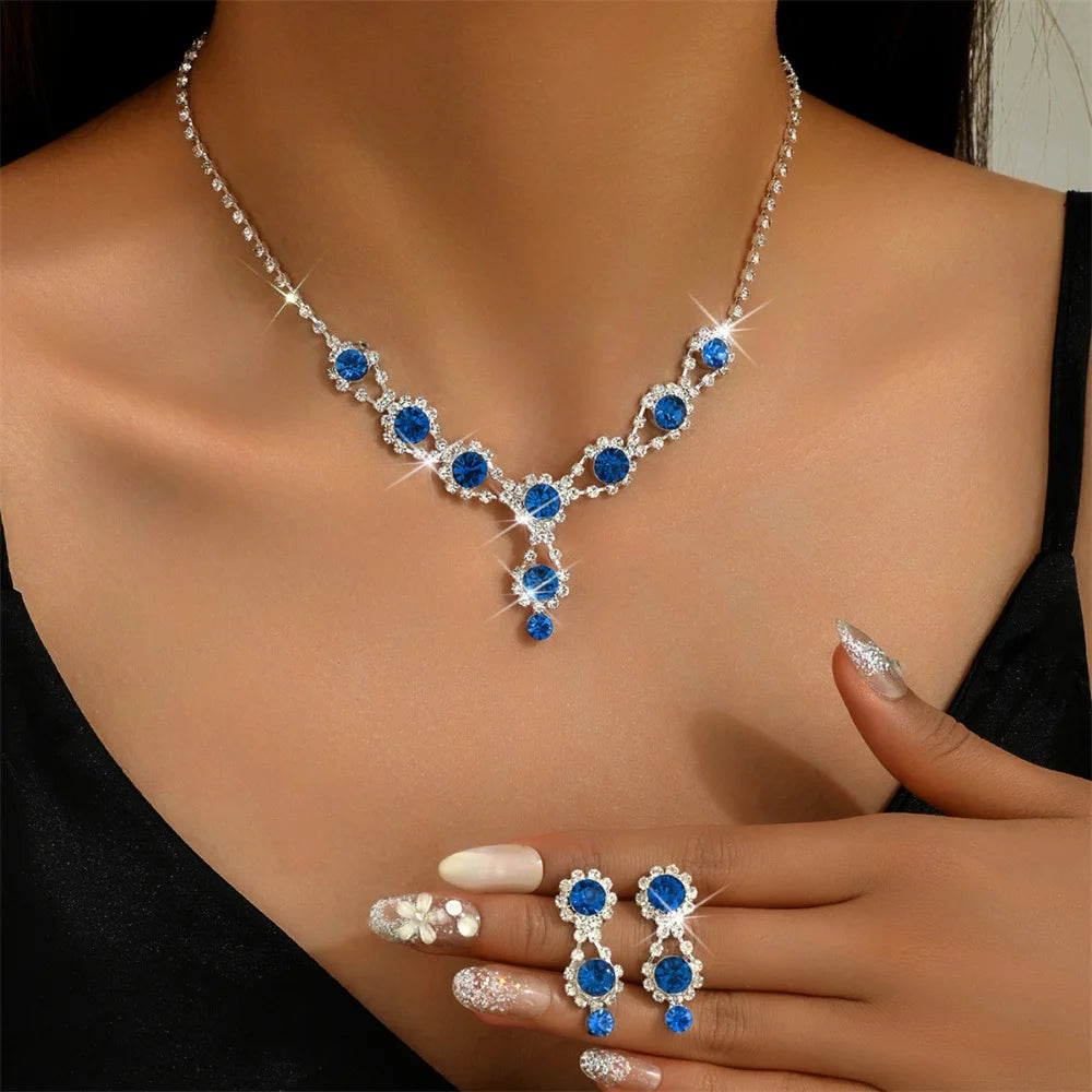 Fashion Necklace Earring Set Women Luxury Emerald Zircon Jewelry Crystal Waterdrop Pendant Choker Necklace Wedding Bride Jewelry