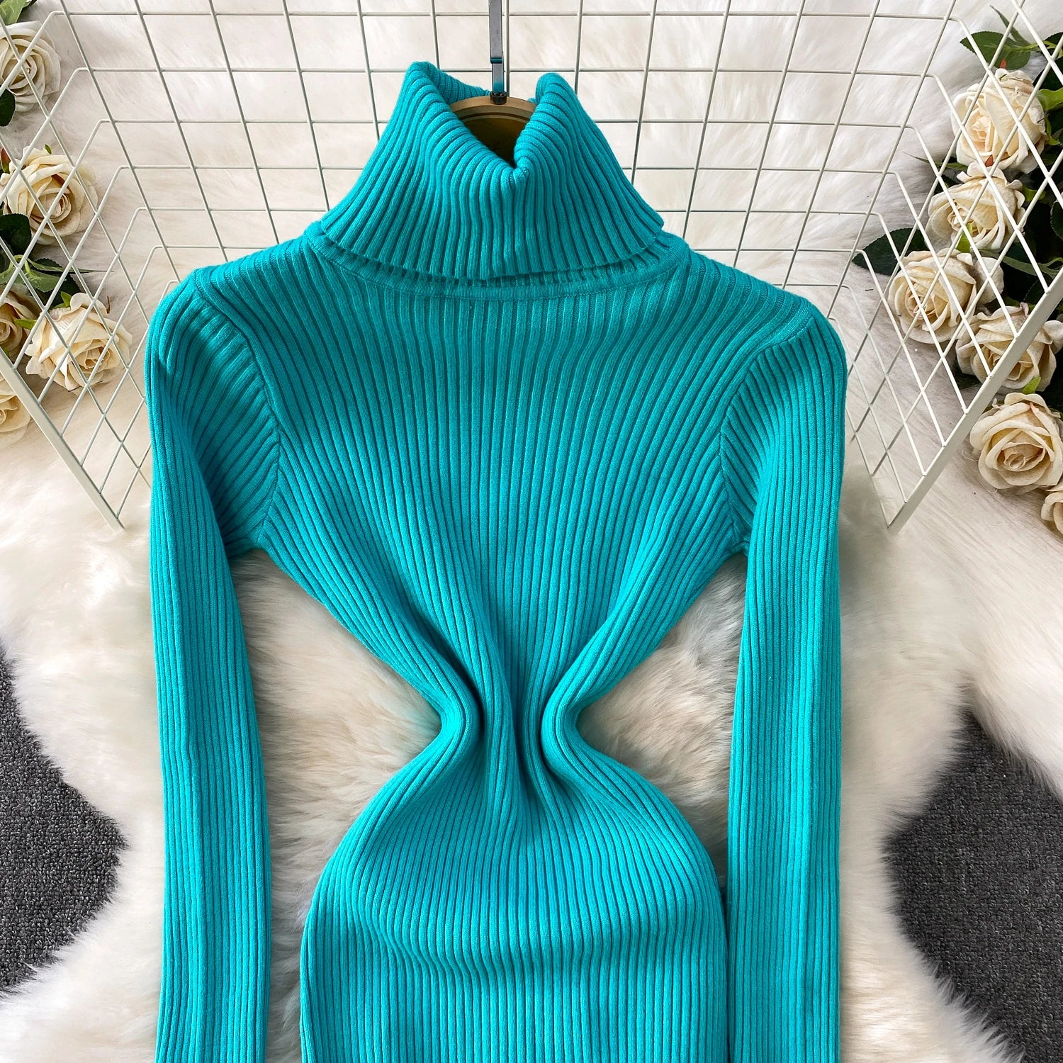 Women Winter Turtleneck Knittign Dress Stretch Slim Long Sleeve Soft Knitwear Dresses Female Casual Lining Simple Bottom Vestido