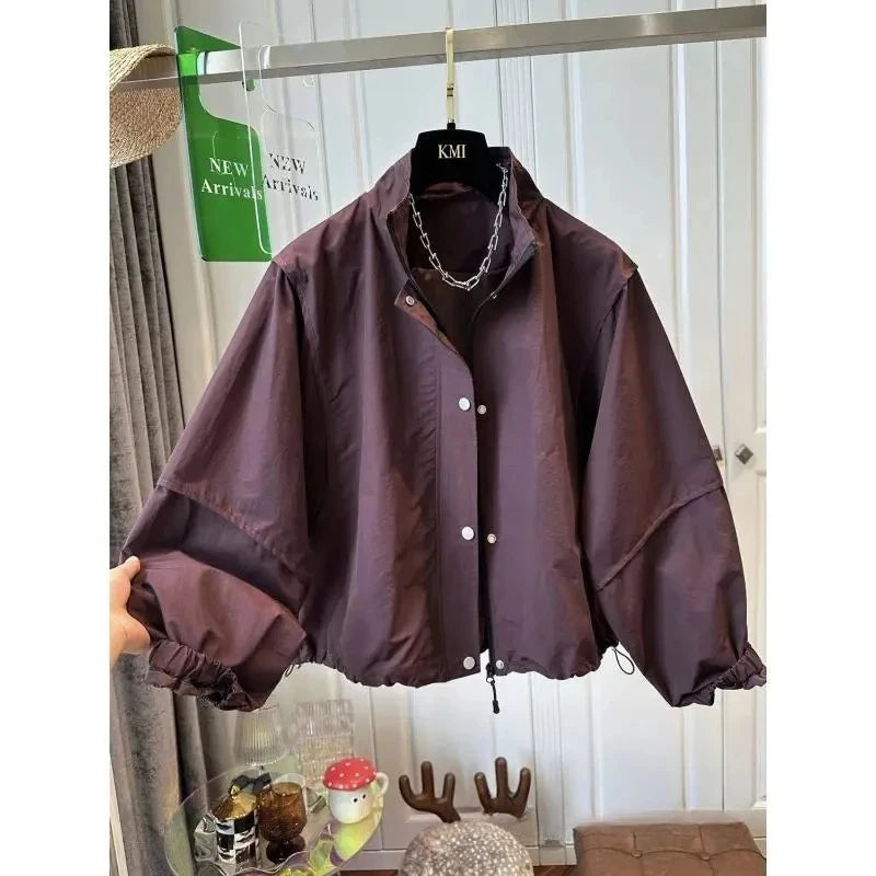 Women's Short Jacket 2025 Spring Autumn Stand-up Collar Korean Version Lady Outerwear Fashion Elegant Ladies Windbreaker Coat