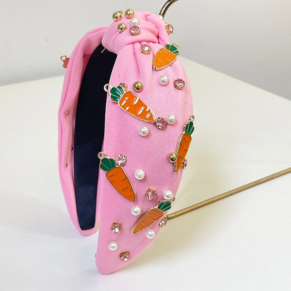 Easter Kids Girls Pink Carrot Egg Rhinestone Knot Hairband Headband Adult Hair Accessories Hair Jewley