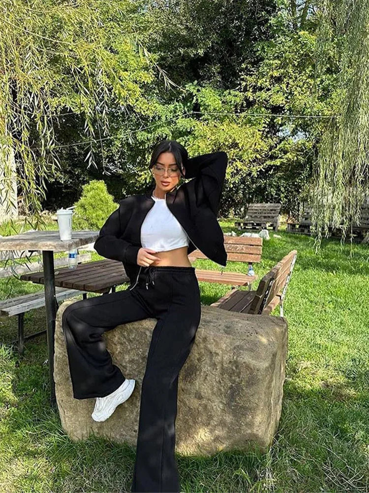 Women Sweatsuit Set Vintage O-neck Zipper Bomber Jackets High Waist Loose Pants Suit Female 2025 Spring Fashion Lady Sportswear