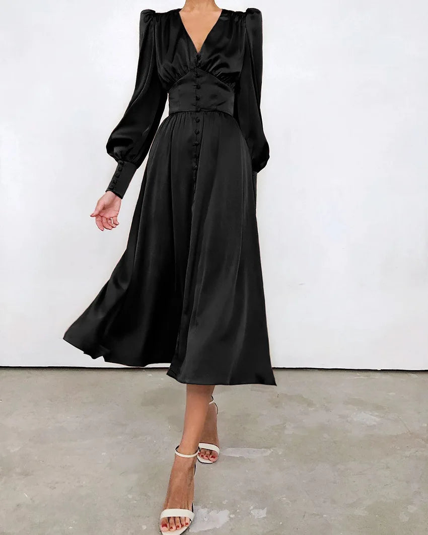 Autumn and Winter Women's Long Dress V-neck Satin Waist Retro Dresses for Women