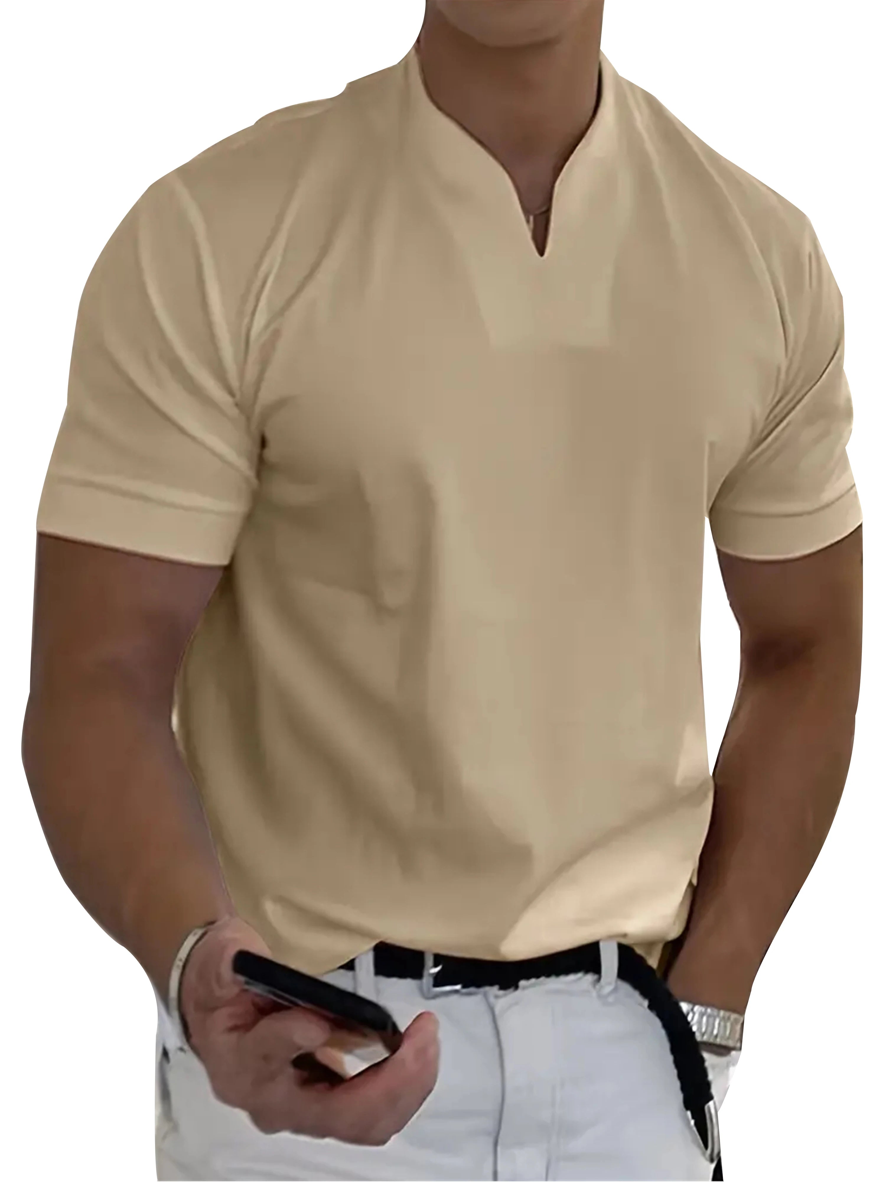 2025 New Men T-shirt Fashion V-neck Design Slim Fit Solid color Men's t-shirt Tops Tees Short Sleeve T Shirt For Men