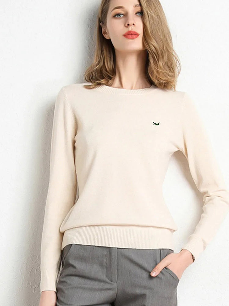 Women Autumn Winter Clothes  Neck Wool Sweater Long-sleeved Knitted Pullovers Shirt Embroidered Fish Logo Casual Sweater Tops