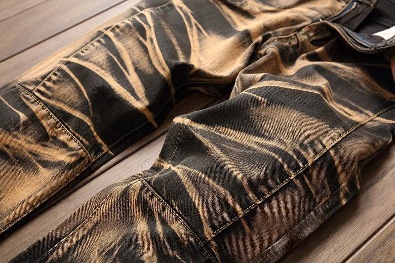 2025 Men's Fashion Vintage Jeans Slim Straight Leg Tie Dye Pleated Biker Denim Pants Male Casual Pants Oversized 42 High Quality