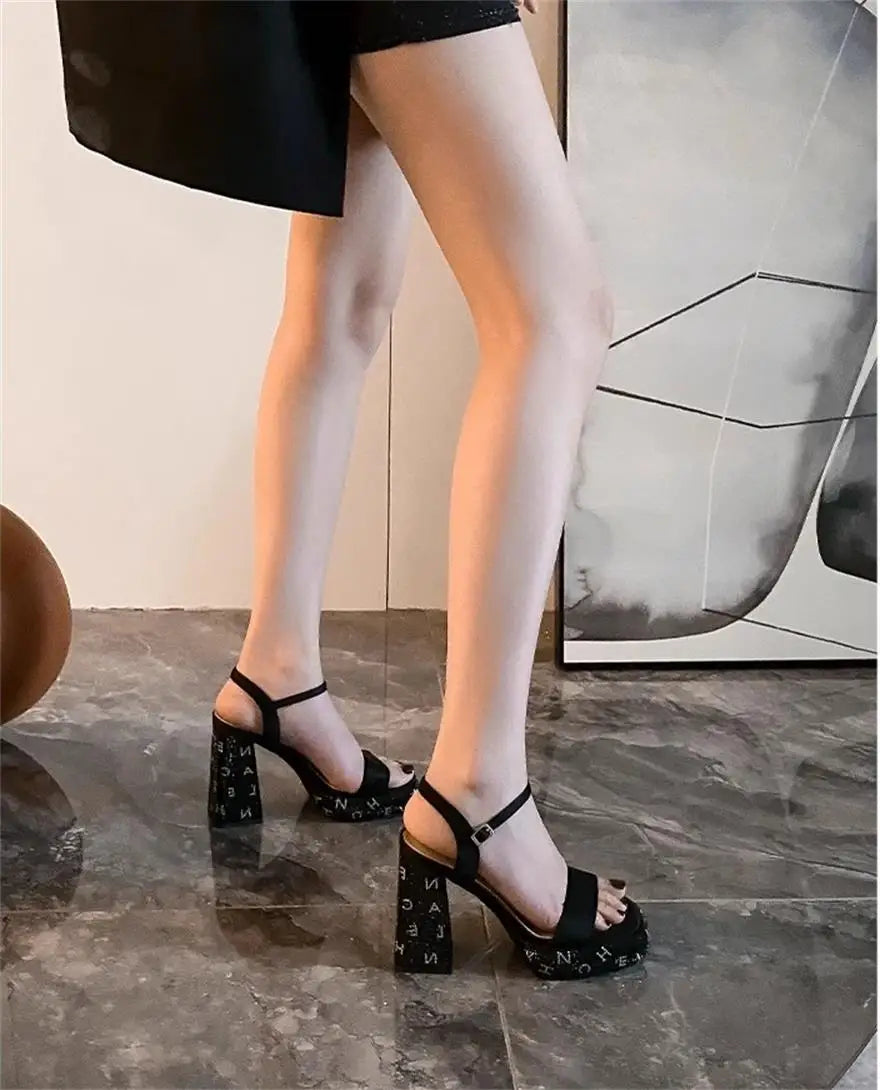 Shoes for Women 2025 Fashion New Summer Sexy Rhinestone Ladies High Heels Peep Toe Square Toe Thick with Women's Sandals