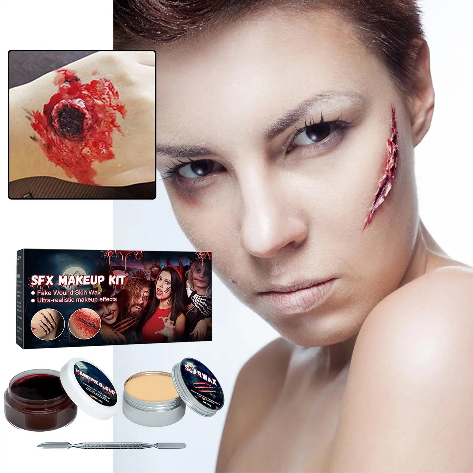 2-in-1 Halloween Makeup Kit, Washable Special Effect Cosmetics for Body Painting Eyebrow Nose Wound Role-Play Zombie Theater
