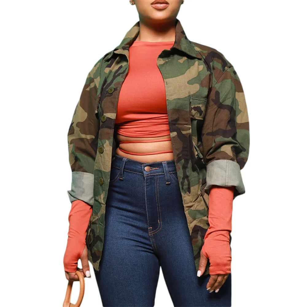 Jackets for Women Camouflage Coat Coats Turn Down Collar Full Sleeve Jacket Single Breasted Jacket Casual Pockets Autumn Spring