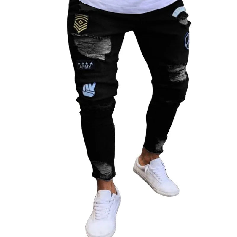 New embroidered fine grain jeans for men, cotton elastic hole slim fit hip-hop denim pants, casual jeans for men, jogging pants