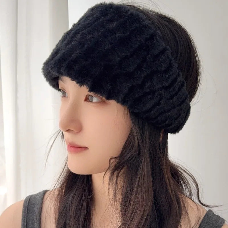 Winter Wide Headband Rabbit Fur Hairband Elastic Windproof Warm Ear Protection Women Hair Accessory for Cold Weather Styling