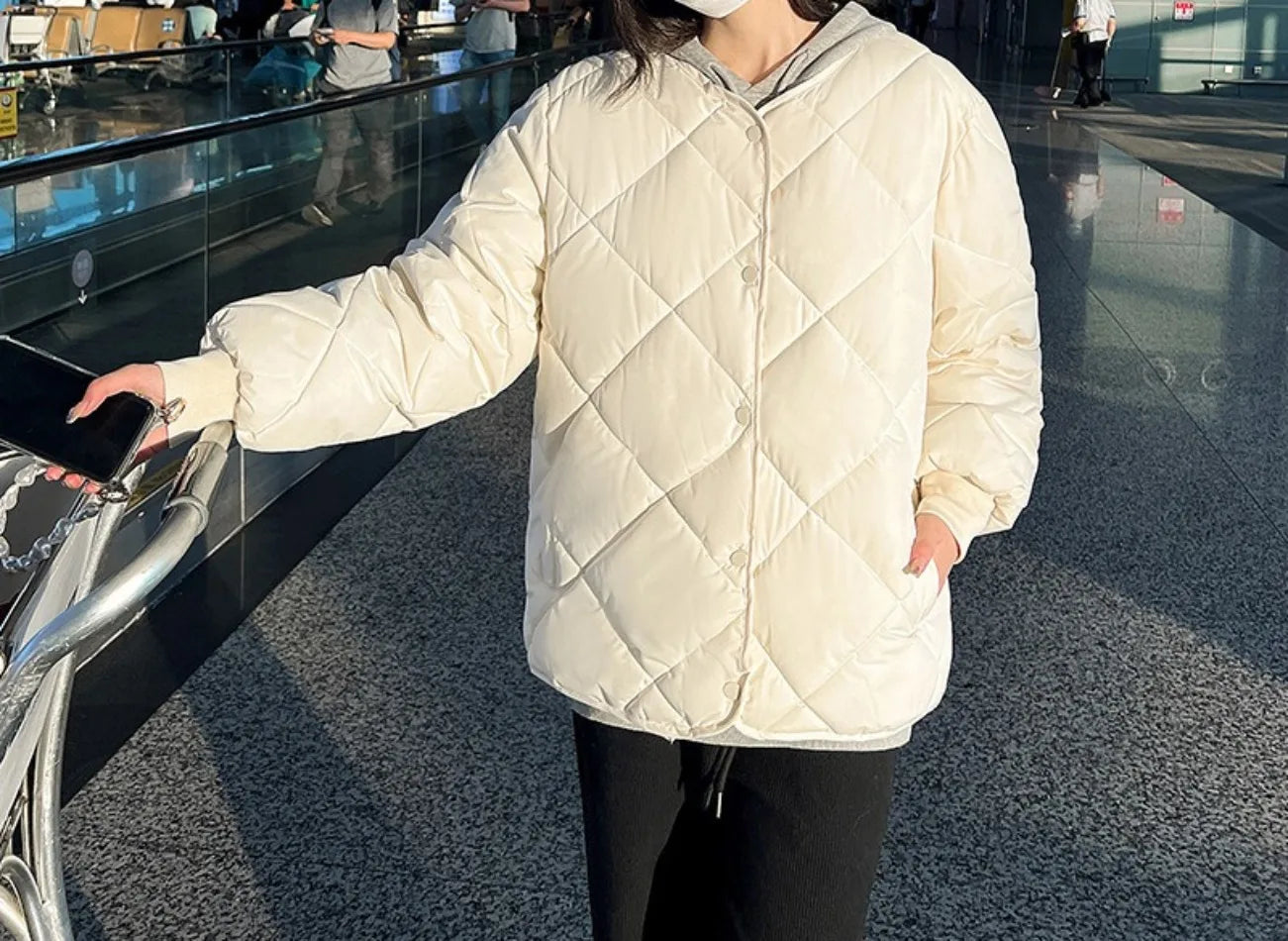 New in Winter Cotton-Padded Jacket for Women New Versatile Lightweight Rhombus Plaid Cotton-Padded Jacket Simple and Stylish