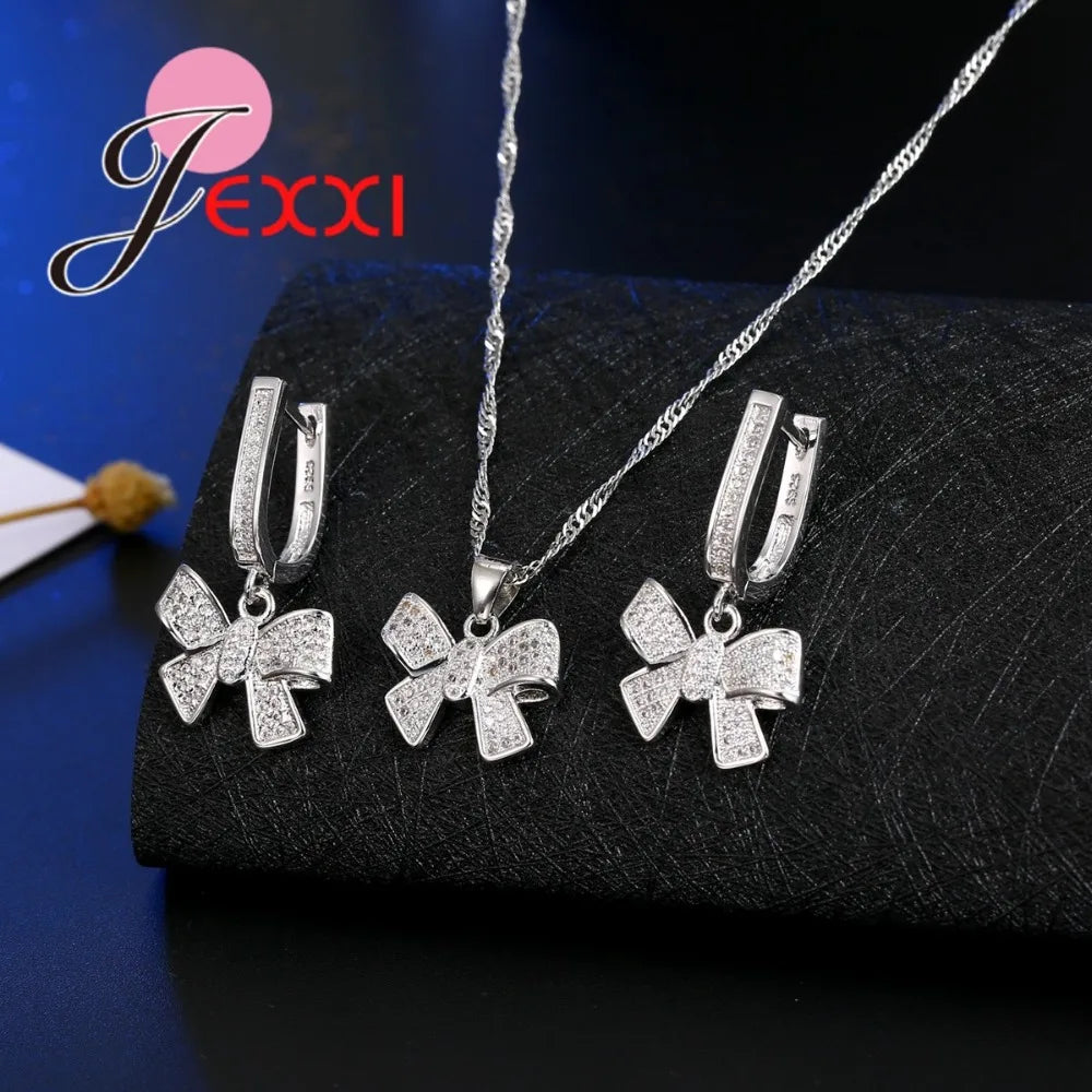 Classic Women Tow Tie Jewelry Sets Full Rhinestone Zircon Statement Necklace Earrings 925 Sterling Silver Set Accessory