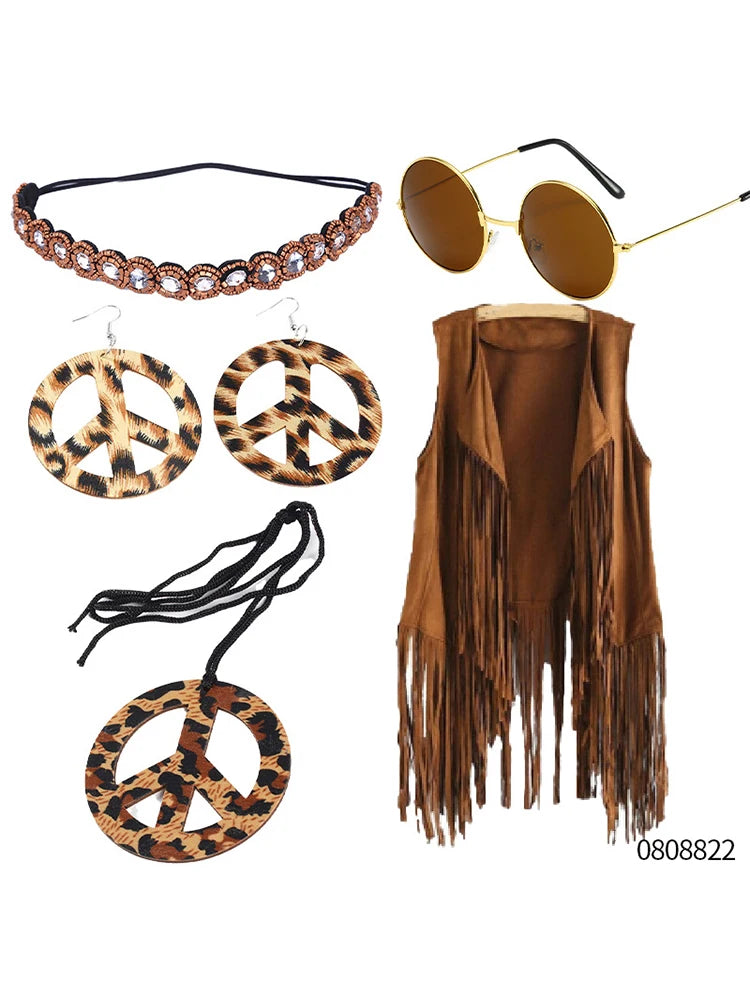 Women's Tassel Sleeveless Vest 60Ss 70s Female Hippie Disco Fringe Cardigan Peace Sign Accessories for Carnival Cosplay