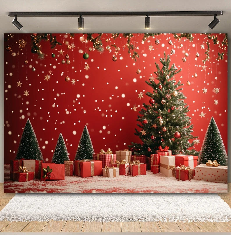 Christmas Day Decor Backdrop for Photography Xmas Tree Red Room Wall Glitter Gift Family Holiday Portrait Decor Photo Background