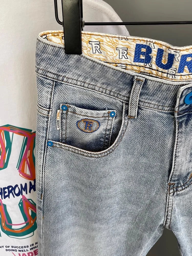 Light Blue Embroidered Jeans Men's Summer Slim Fit Nine-Piece Waed Casual Pants Breathable Straight Leg Jeans Youth Trend