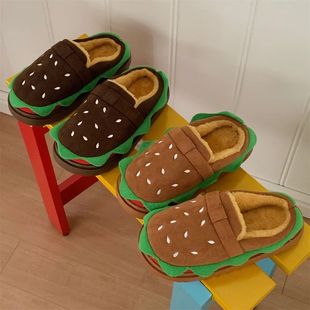 Women's Home Slippers Winter Warm Fuzzy Hamburger Slippers Funny Cute Indoor Rug Flat-Soled Home Shoes Plush Home Slippers
