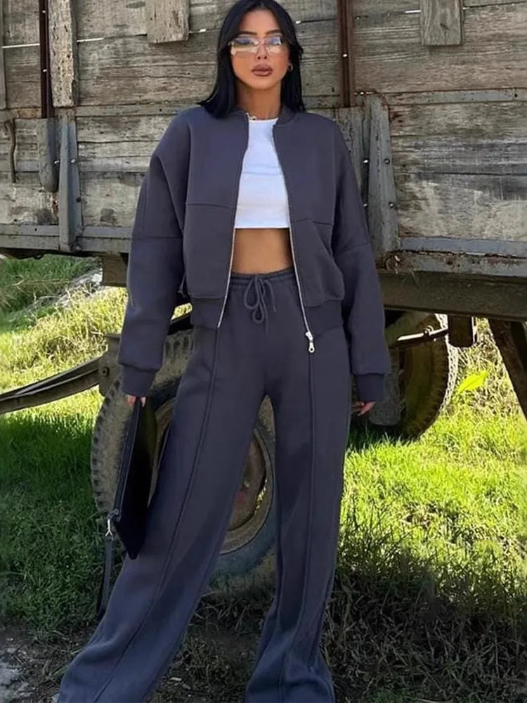 Women Sweatsuit Set Vintage O-neck Zipper Bomber Jackets High Waist Loose Pants Suit Female 2025 Spring Fashion Lady Sportswear