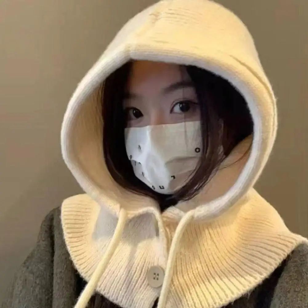 Winter Balaclava Hats for Women Unisex Knitted Hooded Caps Outdoor Warmer Drawstring Hat One-Piece Neck Collar Beanies Caps