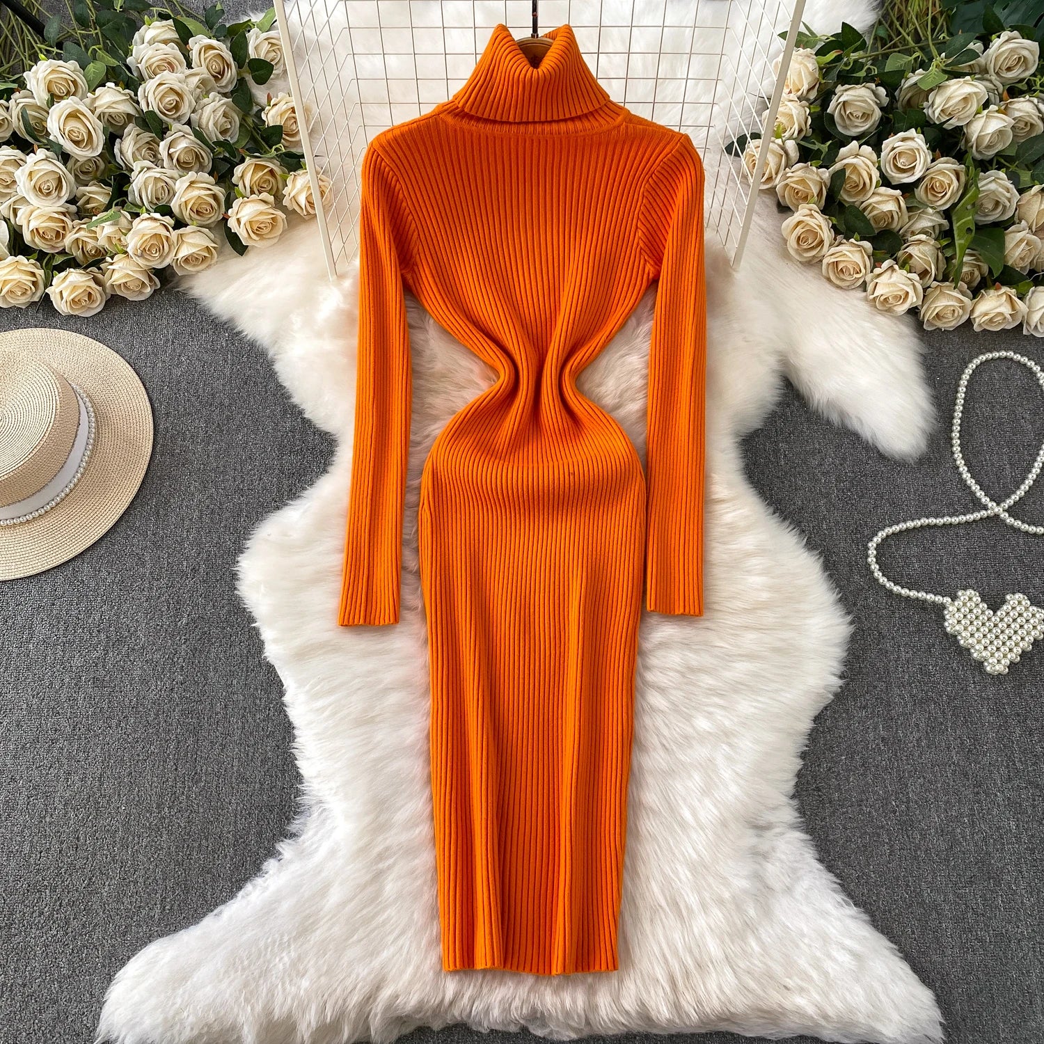 Women Winter Turtleneck Knittign Dress Stretch Slim Long Sleeve Soft Knitwear Dresses Female Casual Lining Simple Bottom Vestido