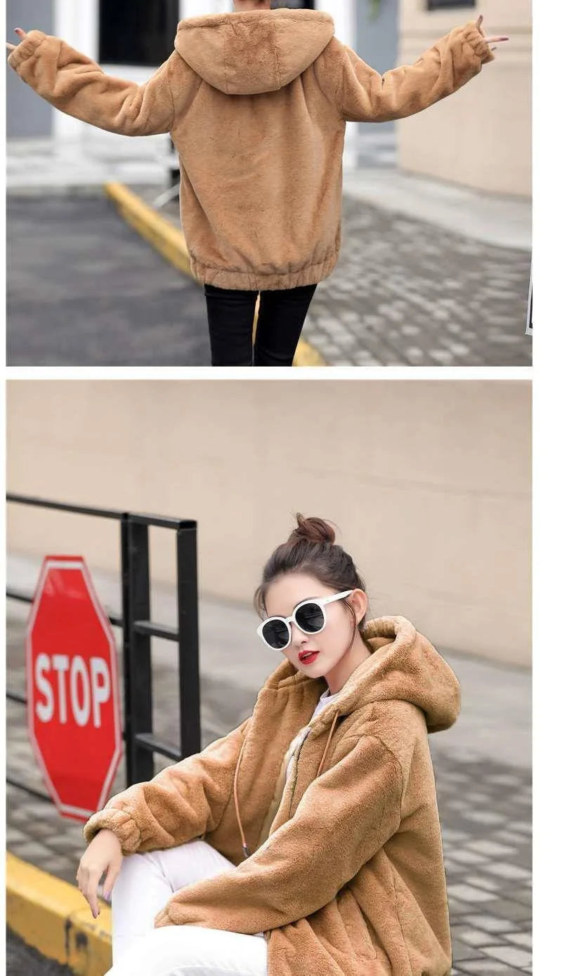 Women's Flannel Hooded Coat - Mid-Length Plush Jacket, Winter Fleece-Lined Warm Outerwear