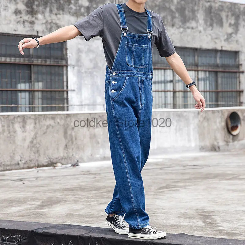 New Men's Denim Overalls Casual Multiple Pockets Loose Splice Straight Rompers Fashion Adjustable Suspenders Jeans For Male