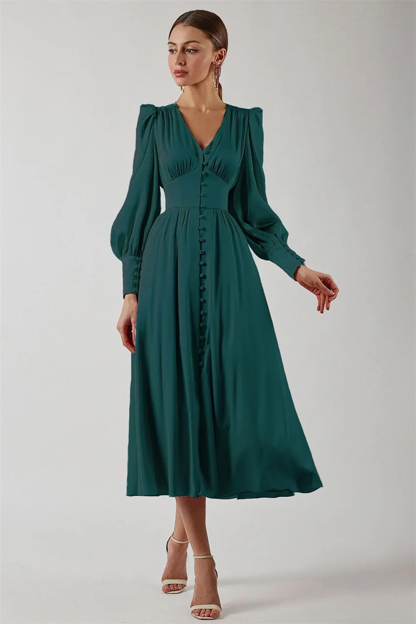 Autumn and Winter Women's Long Dress V-neck Satin Waist Retro Dresses for Women
