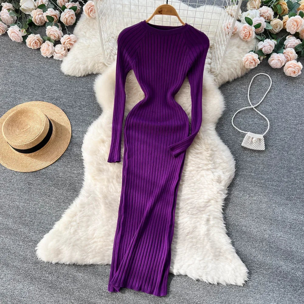 Women Knitted Dress O Neck Sexy Slim Elastic Oversized Basic Bodycon Long Dress Winter knit Warm Sweater Dresses