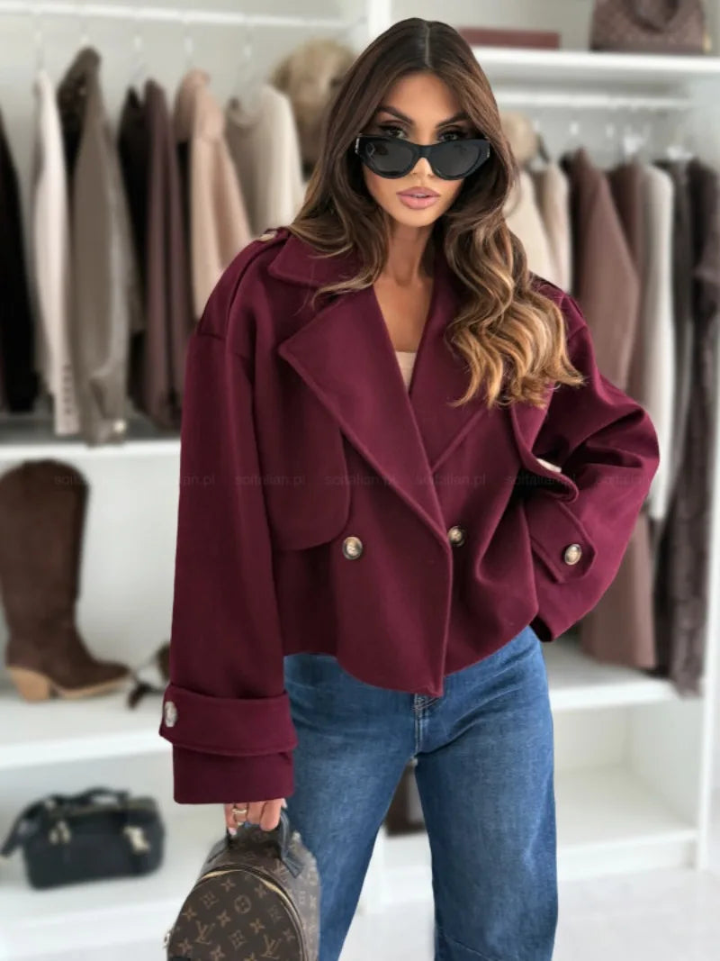 Women Fall Winter Coat Short Type Turn-down Collar Solid Color Loose Button Closure Cardigan OL Commuting Jacket Lady Outwear
