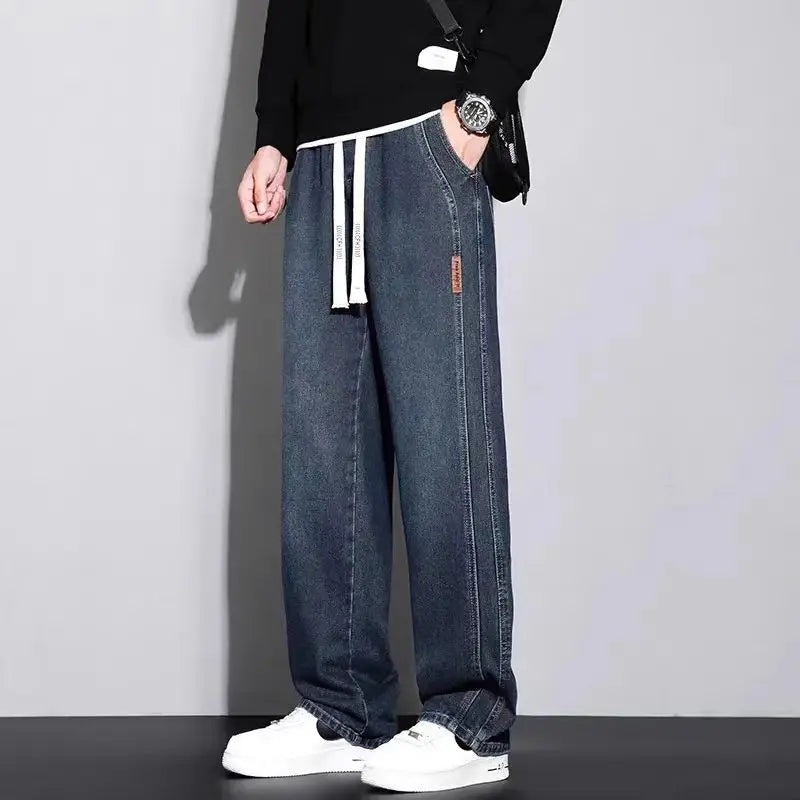 Retro American Wide Leg Men's Jeans Thiened Fce Lined Loose Fit Autumn Winter Wear Resistant Long Trousers Casual Cotton...