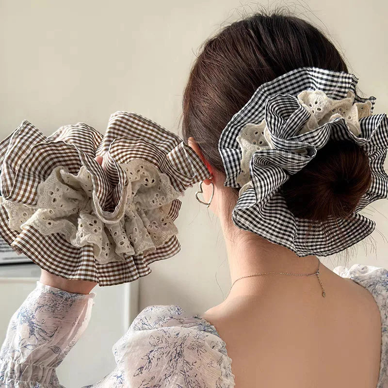 Women Large Lace Scrunchies Vintage Plaid Hair Bands Ponytail Holder Tie Hair Hoop Scrunchy Rubber Band Women Hair Accessories