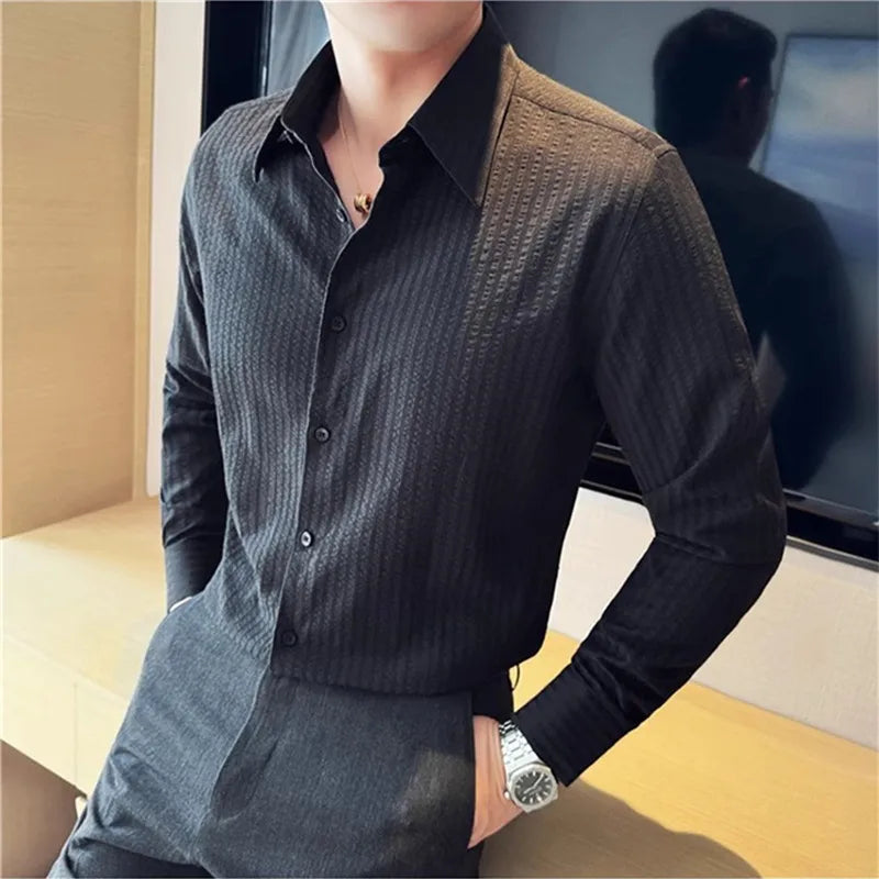 High Quality Men's Shirts Long Sleeve Striped Smart Casual Shirts Men Fashion Turn Down Collar Slim Fit Formal Office Shirt Tops
